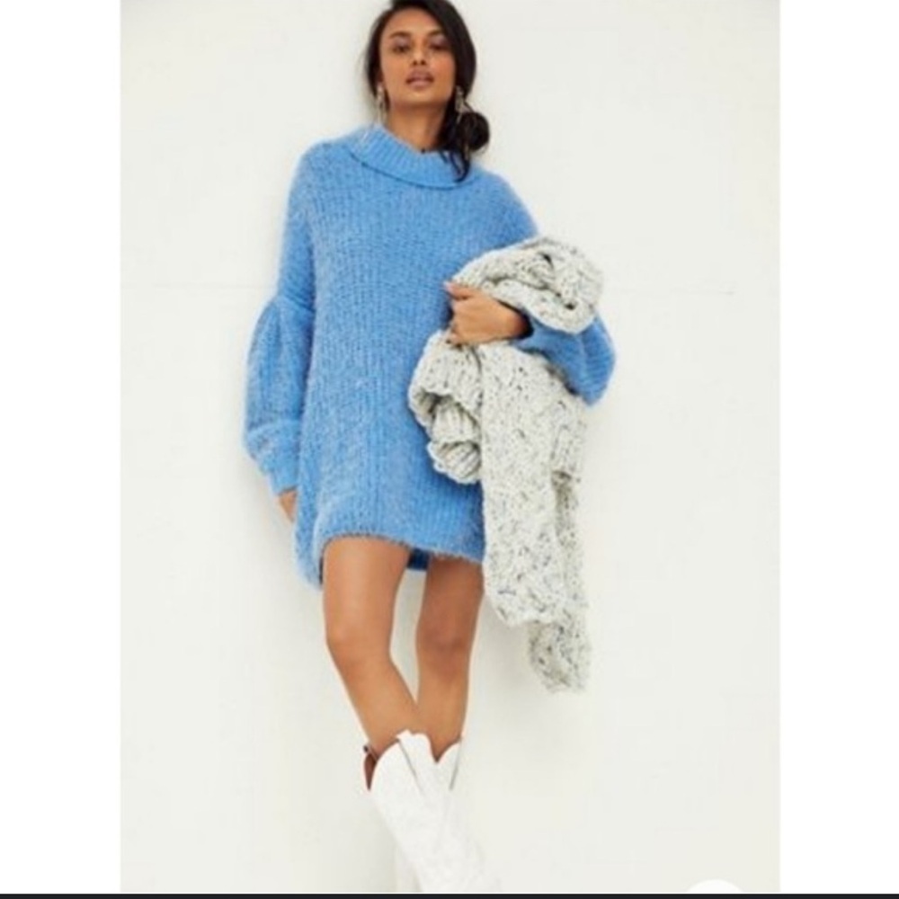 Free People Womens Blue Oasis Oversized Tunic Sweater Mock‎ Neck Fuzzy Small